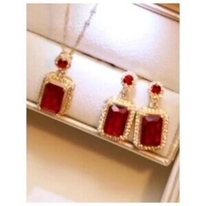 Red rectangle jewelry Set - 18K gold plated - CZs - Necklace and Earrings.